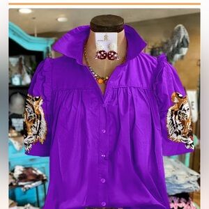 LSU Tigers Purple Button up with Tiger Sleeve Detail